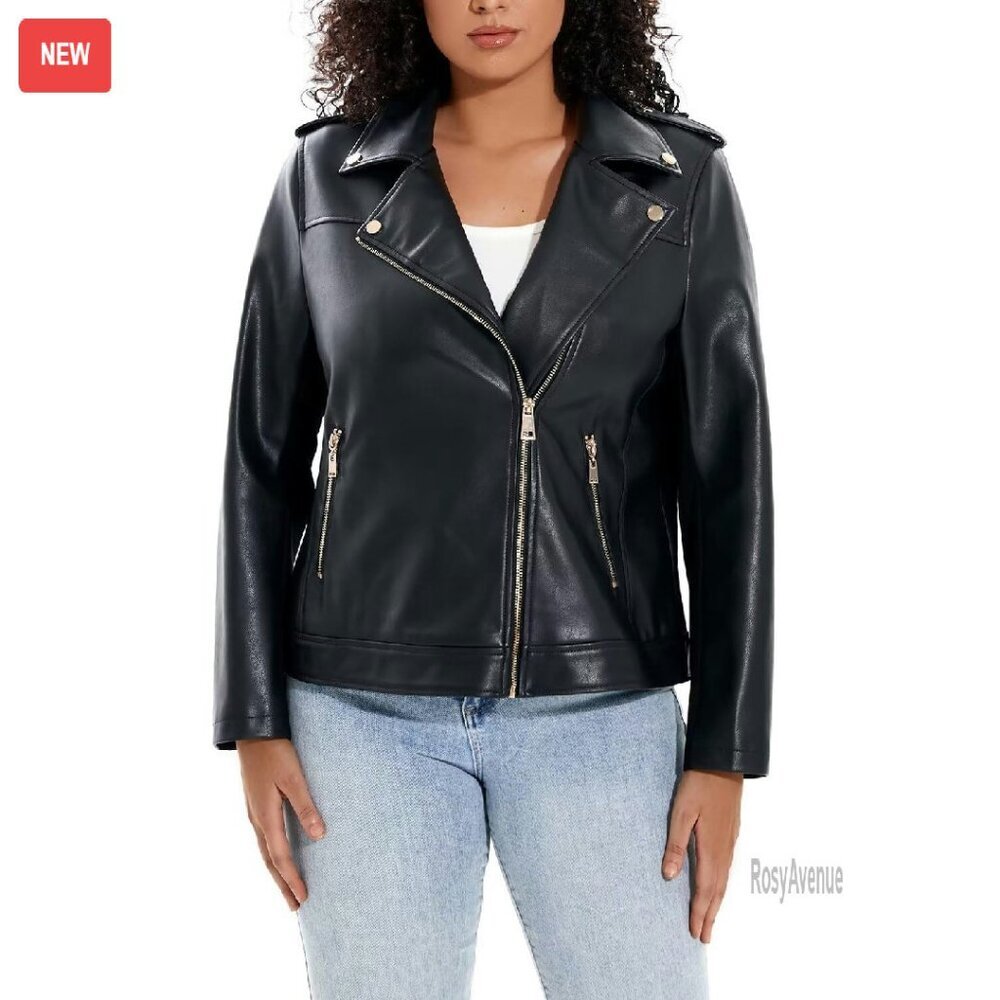 Plus Size Faux Leather Motorcycle Jacket with Stretch Sleeves & Zipper Pockets